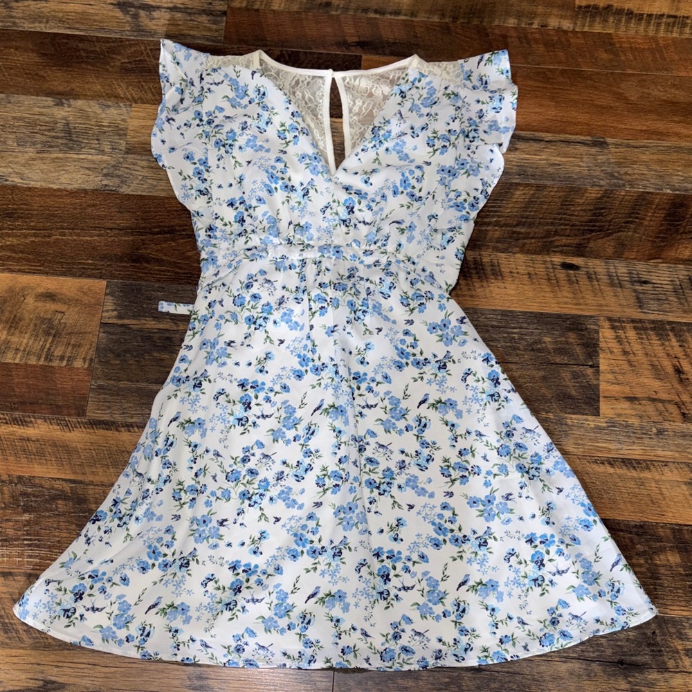 Disney Princess Floral Chiffon White Dress with Blue Floral Print